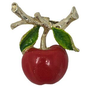 Vintage Gerry’s Red Apple Brooch Enamel Gold Tone Twig & Leaf Pin 1960s Teacher